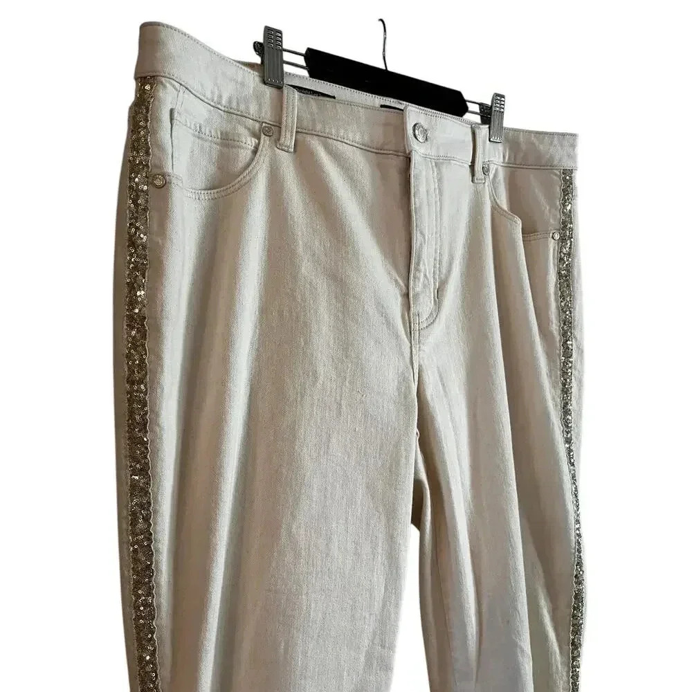 Talbots Women’s Straight Leg Jeans Sequin Stripe Ivory Size 16 W Stretch Pockets - Picture 2 of 7